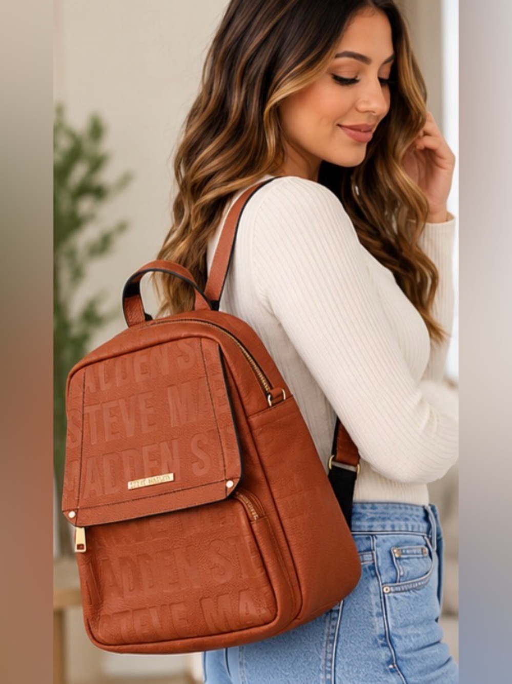 Steve Madden Cognac Brown Embossed Logo Backpack Purse Gold Tone Vegan Leather